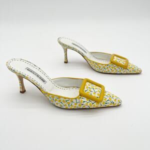 Manolo Blahnik Yellow Maysale Floral Print Pointed Toe Buckle Mule Heels IT 41